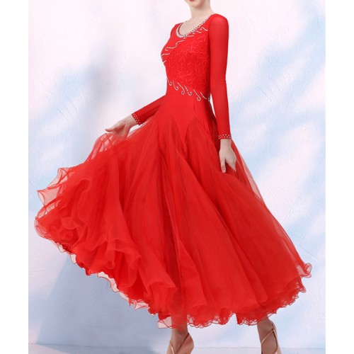 Black red pink lace ballroom dancing dresses with diamond for women girls professional competition ball room waltz tango foxtrot smooth dance costumes
